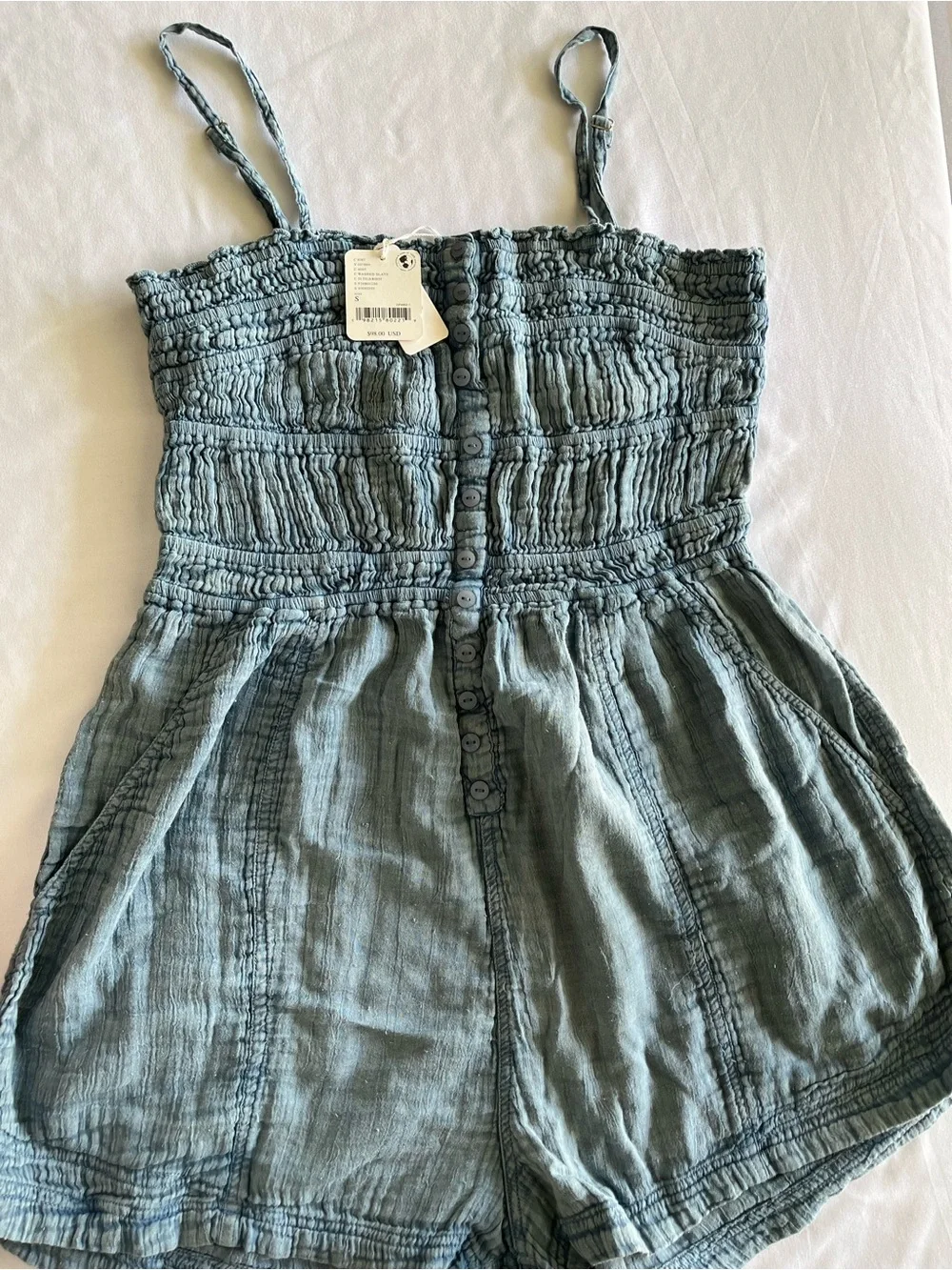 Free People Small NWT Washed Slate Smocked Romper